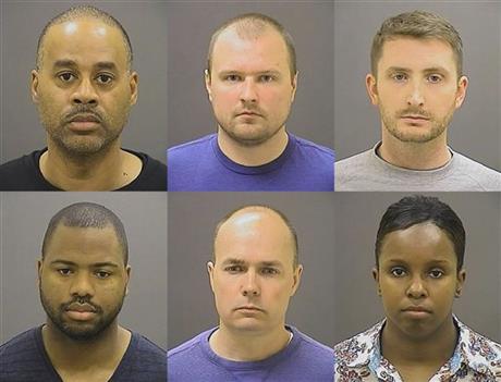 This photo provided by the Baltimore Police Department on Friday, May 1, 2015 shows, top row from left, Caesar R. Goodson Jr., Garrett E. Miller and Edward M. Nero, and bottom row from left, William G. Porter, Brian W. Rice and Alicia D. White,...