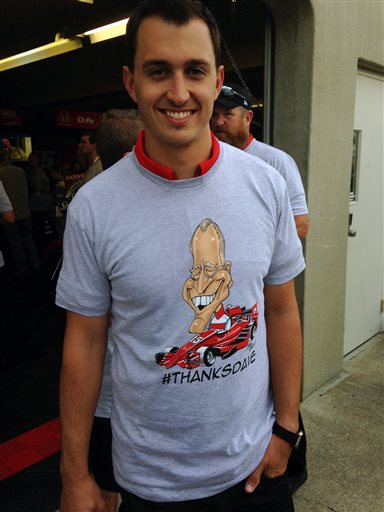 Graham Rahal, a member of the Rahal Letterman Lanigan (RLL) racing team, poses wearing a (hash)thanksdave t-shirt before the start of the Indianapolis 500 on Sunday, May 24, 2015, at the Indianapolis Motor Speedway in Indianapolis. Letterman's...