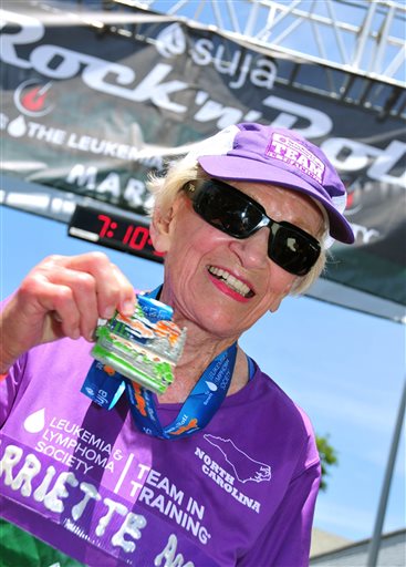 In this June 1, 2014 photo, Harriette Thompson, then 91, is seen at the finish line of the 2014 Suja Rock n Roll Marathon in San Diego. Thompson is scheduled to compete in the 2015 edition in San Diego on Sunday, May 31, 2015. If she completes...