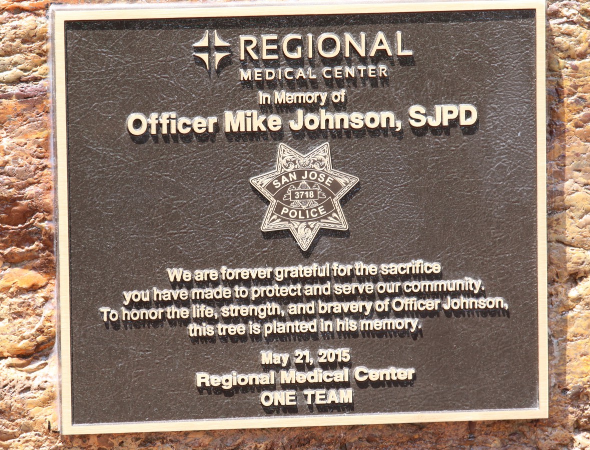 Plaque placed in front of tree dedicated to fallen San 
Plaque placed in front of tree dedicated to fallen San Jose police Officer Michael Johnson at Regional Medical Center. (PHOTO: Tom Yamamoto/Regional Medical Center of San Jose)