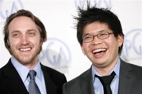 FILE - In this Feb. 2, 2008 file photo, YouTube co-founders Chad Hurley, left, and Steve Chen, arrive at the 2008 Producers Guild Awards where they received the Vanguard Award in Beverly Hills, Calif. YouTube has been celebrating its 10th...