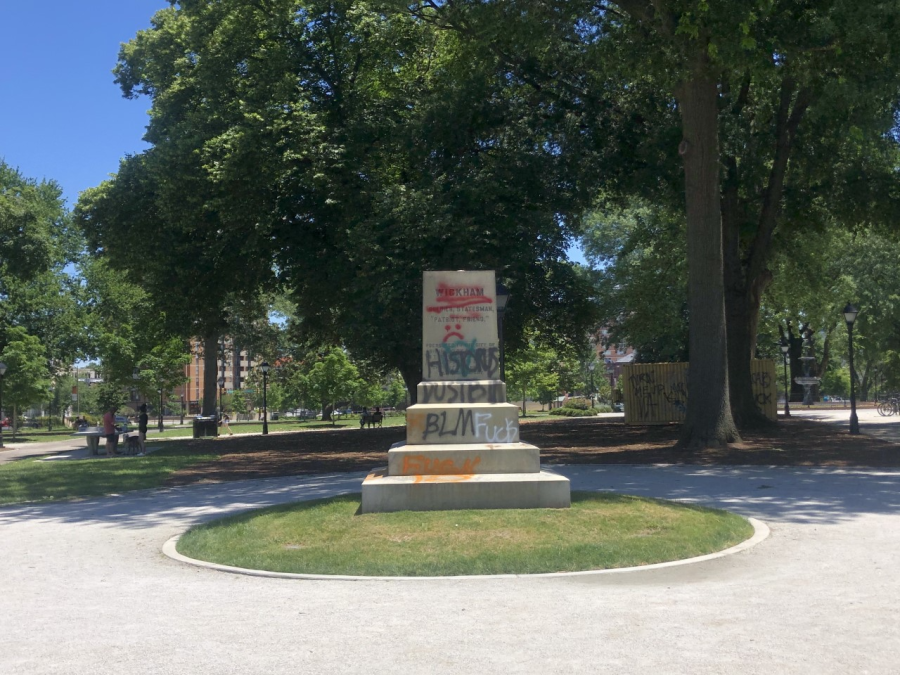 The Confederate statue of General Williams Carter Wickham in Monroe Park  on Sunday, June 7, 2020